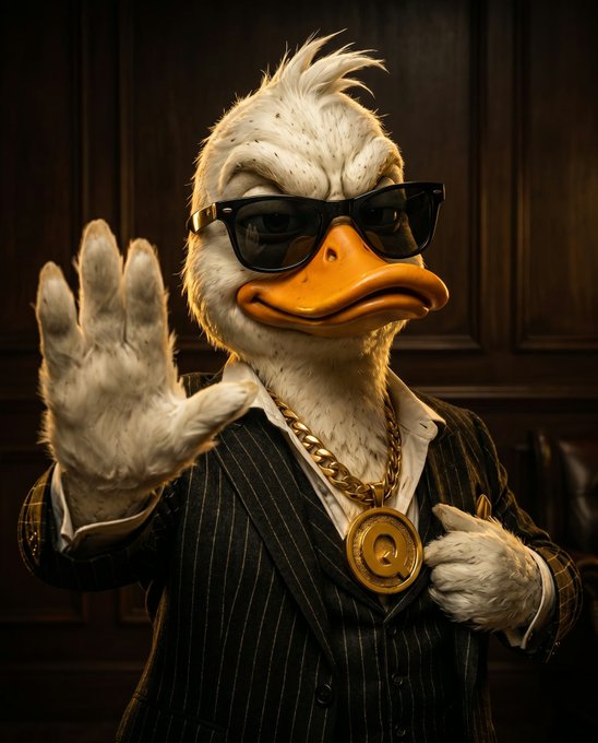 A 3D rendering of an anthropomorphic white duck wearing sunglasses, a pinstripe suit, a gold chain with a 'Q' pendant, and raising its hand.