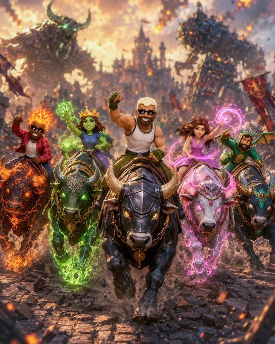 A group of fantasy characters, including a muscular man in a tank top and sunglasses, ride armored bull-like creatures through a chaotic battle scene with magical effects and a castle in the background.