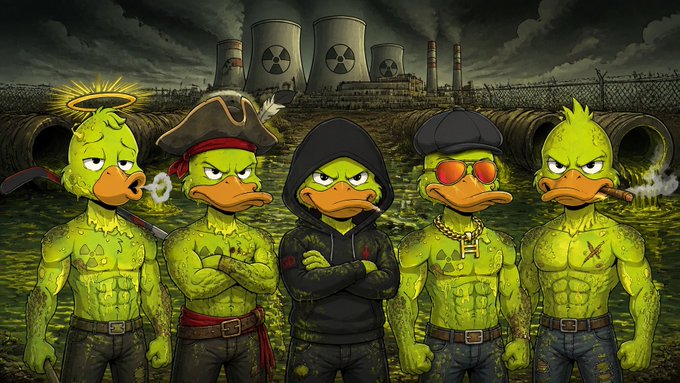 An illustrated lineup of five muscular duck/donhy characters styled as a tough gang in a post-apocalyptic nuclear setting, wearing various accessories like a halo, pirate hat, hoodie, sunglasses, and cigars.