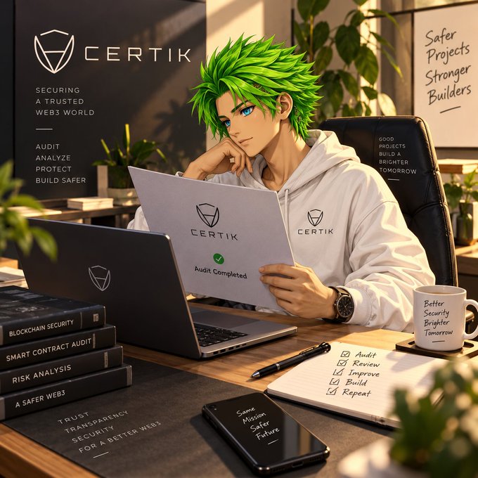 An anime-style character with green hair works at a laptop displaying the CertiK logo and an "Audit Completed" notification, surrounded by CertiK-branded materials including books labeled "Blockchain Security," "Smart Contract Audit," and "Risk Analysis," with a coffee mug reading "Better Security, Brighter Tomorrow." The image visually reinforces the post's message about @1winToken completing a CertiK security audit, symbolizing the successful external review phase while the cluttered desk of resources hints at the transparency and accessibility that should follow.