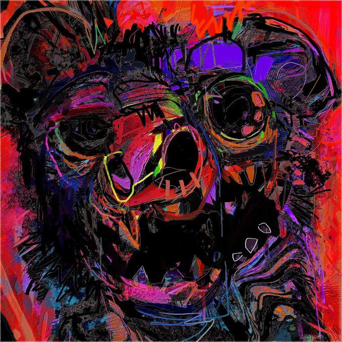 A vibrant, abstract digital painting in red, black, and neon colors with text including 'ANOTHER', 'XIV', and 'LXX'.