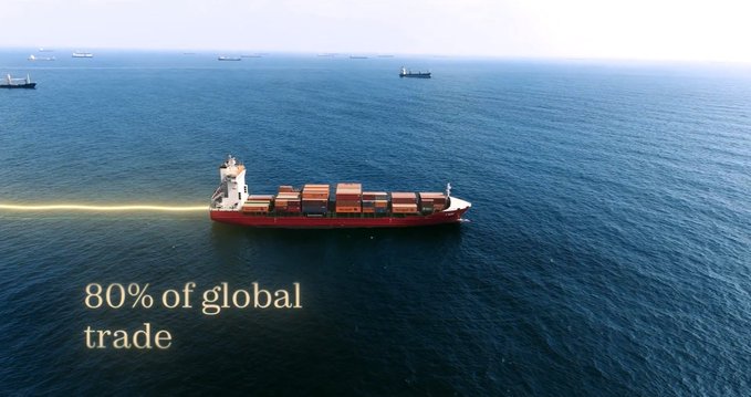 An aerial view of a large red container ship sailing on the ocean with the text '80% of global trade' displayed in the foreground.