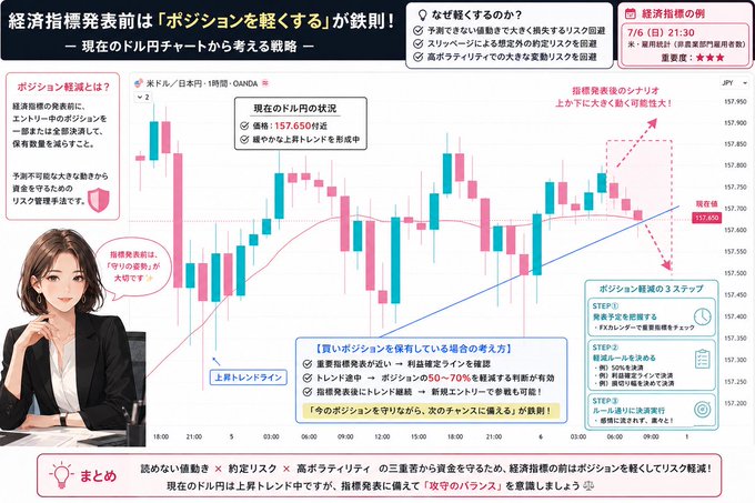 This image is a Japanese financial trading infographic explaining why traders should lighten positions before major economic indicator releases (like the upcoming 7/6 21:30 U.S. unemployment rate announcement), illustrated with a USD/JPY 1-hour candlestick chart showing current price at 157.650 yen, and a three-step strategy guide recommending adjusting stop-losses, reducing position size, and managing risk based on "attack balance" between trends and volatility—directly addressing the post's concerns about unpredictable volatility during indicator releases ruining profitable trends.