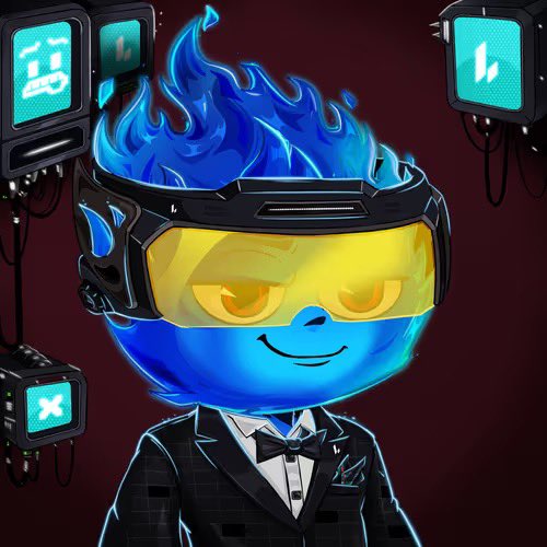 A digital illustration of a blue flame-headed cartoon character with yellow goggles, wearing a black suit with a bow tie, smiling and surrounded by retro-style monitors displaying graphics.