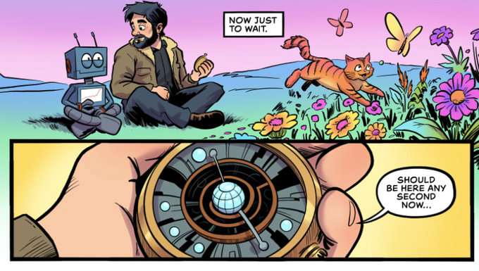 A comic book panel shows a man and a robot sitting in a field with a tiger and butterflies, with dialogue reading "NOW JUST TO WAIT..." and "SHOULD BE HERE ANY SECOND NOW..."