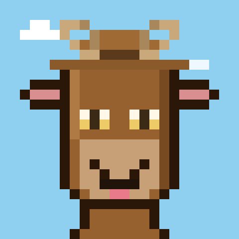 A pixel art illustration of a brown cow's face with horns, pink ears, yellow eyes, and a small pink tongue sticking out against a blue sky background.