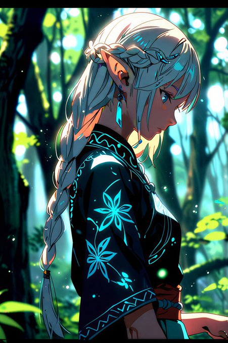 Anime-style artwork featuring a white-haired elf with pointed ears and a long braid, wearing a dark robe with cyan floral patterns, standing in a lush green forest.