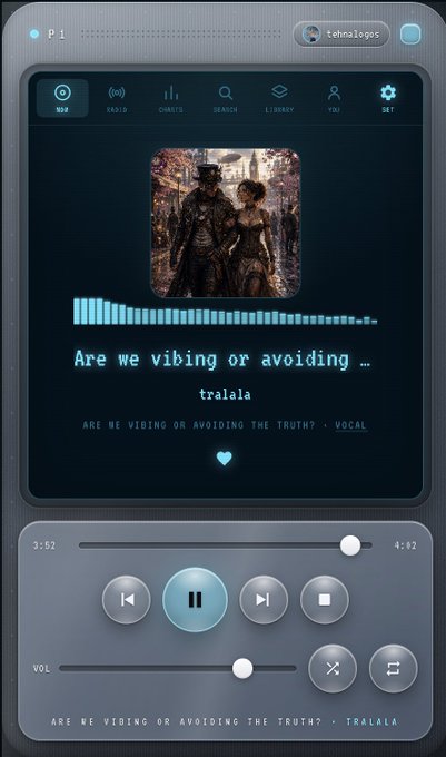 A music player app interface playing the track 'Are we vibing or avoiding the truth' by tralala, showing a stylized steampunk couple album cover and playback controls.