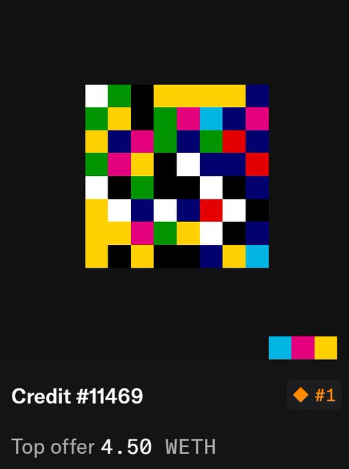 A digital NFT artwork displayed with "Credit #11469" and a top offer of "4.50 WETH," shown alongside a CMYK color palette in the corner. The image relates to the post by illustrating a colorful pixelated art piece that has seen a dramatic increase in value, as referenced by Jack Butcher.