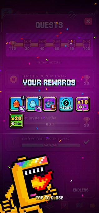 A mobile game interface titled 'QUESTS' displaying 'YOUR REWARDS' over a pixel-art character, with tasks like 'Trade 10k COIN This Week' and 'Craft 50 SCREWS This Week'.