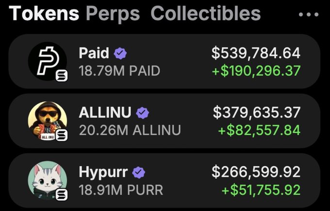 A mobile app screenshot displaying 'Tokens Perps Collectibles' rankings, with 'Paid' at $539,784.64, 'ALLINU' at $379,635.37, and 'Hypurr' at $266,599.92.