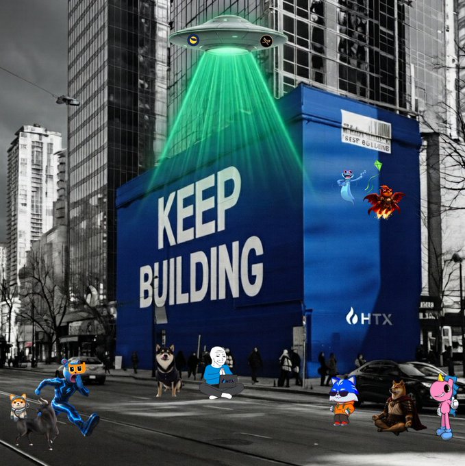 A city street scene featuring a large billboard that says "KEEP BUILDING" and "HTX", with a UFO abducting it and various cartoon characters in the foreground.