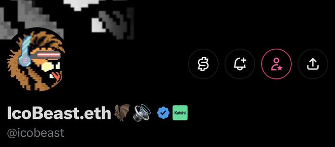 The image shows a profile header for "IcoBeast.eth" (@icobeast) featuring a pixel-art avatar wearing sunglasses and a chain, alongside icons indicating a dollar sign, chat, profile (highlighted in pink), and upload button, plus verification badges. The accompanying post references the user's Kalshi affiliation, tying into the visible "Kalshi" badge next to the profile name.