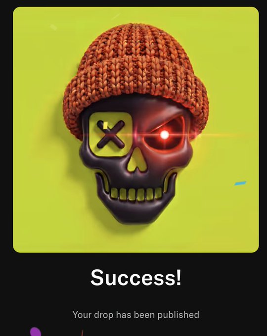 A digital success screen displaying a 3D skull wearing a knit beanie and an eyepatch with a red laser eye, with the text 'Success! Your drop has been published'.