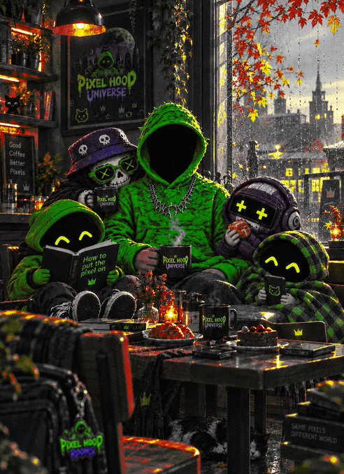 A stylized digital artwork features hooded figures with pixelated faces sitting around a table, with text reading "PIXEL HOOP UNIVERSE".