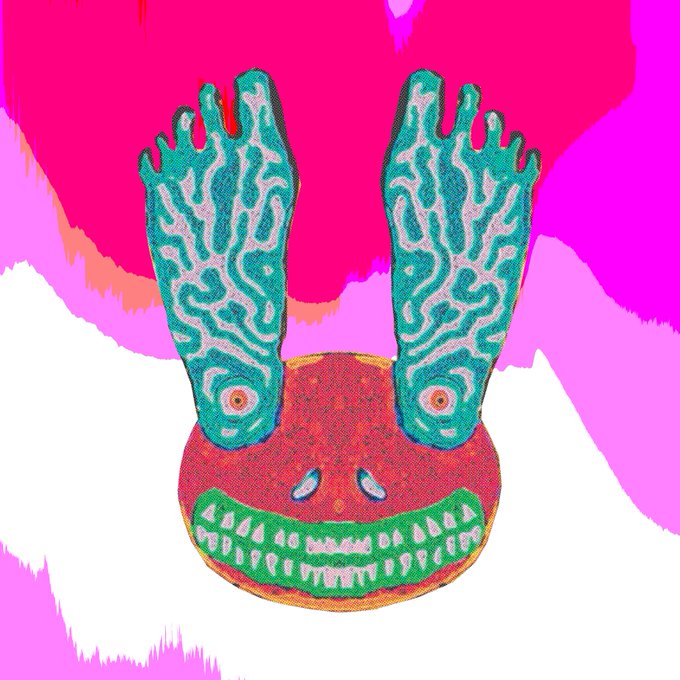 A colorful surreal digital artwork depicting a red circular face with a wide green grinning mouth full of teeth, two small eyes, and large teal-green textured horns or hand-like appendages extending upward, set against a pink and magenta background.