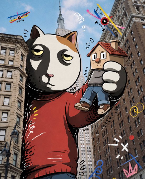 An illustrated cat wearing a red sweater holds up a small cartoon figure with a house for a head, set against a New York City skyline backdrop, with colorful doodles, abstract shapes, and the Empire State Building visible in the scene. The accompanying "gsolangeles" post suggests this stylized street art piece captures an urban, whimsical aesthetic reflective of city culture.