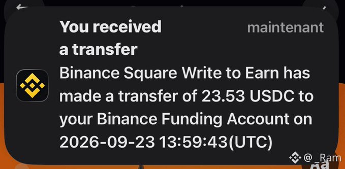 A smartphone notification displays a Binance transfer message stating that Binance Square Write to Earn made a transfer of 23.53 USDC to your Binance Funding Account on 2026-09-23.