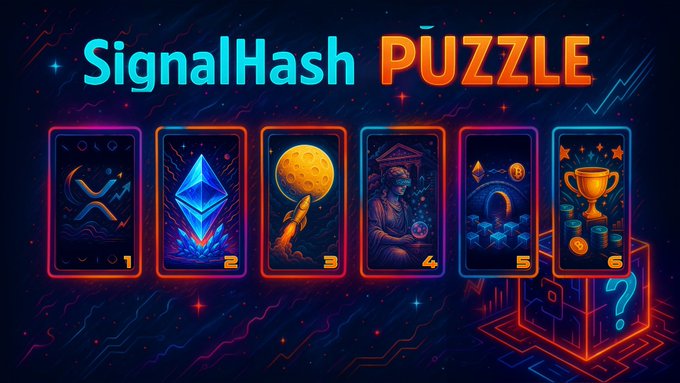 A neon-styled digital banner reading 'SignalHash PUZZLE' displaying six numbered cards with various symbols (an X figure, diamond crystal, moon with rocket, wizard, ring with stars, and trophy).