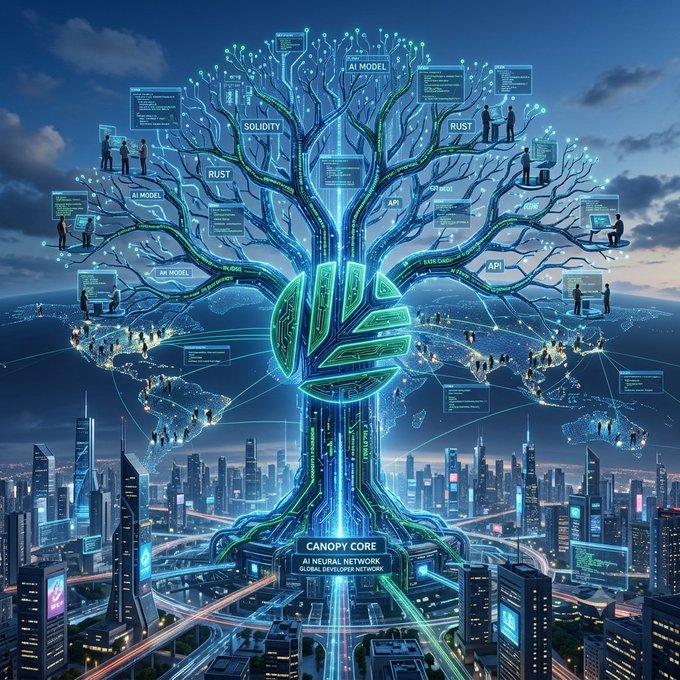 A futuristic digital artwork showing a glowing blue tree of technology with branches labeled 'SOLIDITY', 'RUST', 'AI MODEL', and 'API' rising above a cityscape, with 'CANOPY CORE' at its base.