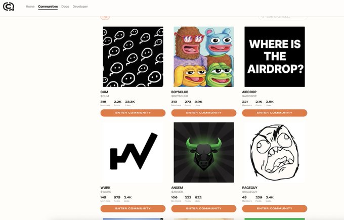 The image shows a "Communities" page on coincommunities.org displaying various crypto meme coin communities, with the ANSEM community highlighted as having 106 members, 223 posts, and 822 likes. The post points out that despite ranking in the top 5, ANSEM has only 106 members and needs more holders to grow its community.