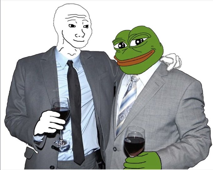 A meme-style image shows two suited figures, one with a white drawn face and one with a Pepe frog head, holding wine glasses.