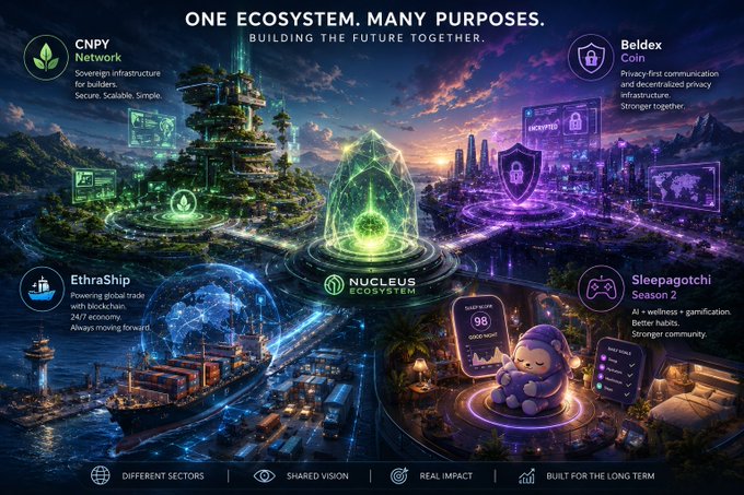 Futuristic promotional graphic for the 'NUCLEUS ECOSYSTEM' with the tagline 'ONE ECOSYSTEM. MANY PURPOSES. BUILDING THE FUTURE TOGETHER,' featuring sectors including CNPY Network, Beldex Coin, EthraShip, and Sleepagotchi Season 2.