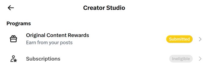 A screenshot of the 'Creator Studio' menu showing 'Original Content Rewards' as 'Submitted' and 'Subscriptions' as 'Ineligible'.