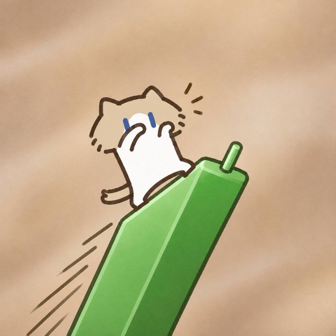 An illustration of a white cartoon cat crying while clinging to a green bar against a beige background.