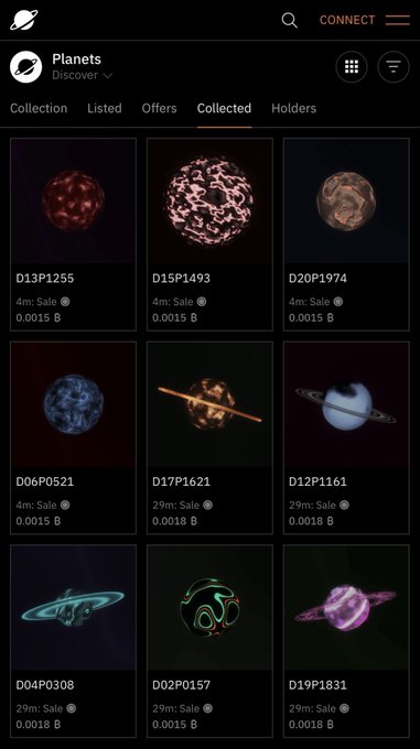 A mobile NFT marketplace interface showing a "Planets" collection with various celestial bodies for sale in BNB.