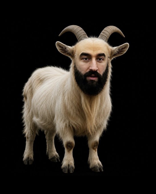 A surreal image depicts a bearded man's face seamlessly merged with the body of a shaggy white goat with curved horns, set against a stark black background. The hybrid figure plays into the meme by portraying a "crypto savior" figure—a rugged, mythical-looking beast-man who jokingly embodies the mysterious force behind Solana's summer rally.