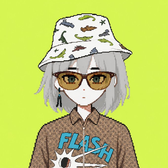 An anime-style character with silver hair, wearing a dinosaur-patterned bucket hat and yellow-tinted sunglasses, sports a brown patterned shirt reading "FLASH" against a lime green background. The image complements the caption's upbeat, crypto-trader motivation post about setting new goals and staying active on X (formerly Twitter).