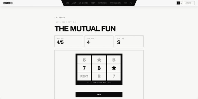 A screenshot of the "The Mutual Fun" page on B-RATED's website showing 4/5 spots left, option "S" (Small), and a t-shirt design featuring a grid pattern with letters, numbers, and stars that reads "REKT" and "B. = I IN THE LONG GAME & WON."