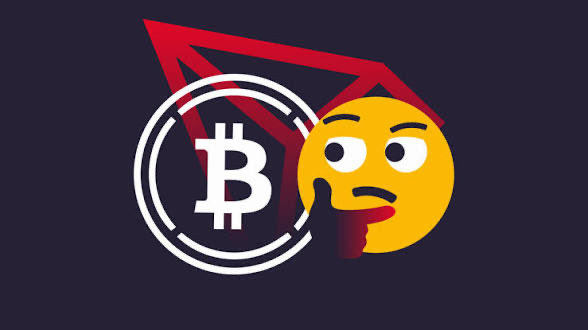 A Bitcoin logo sits next to a thinking face emoji and a red upward-pointing arrow on a dark background, suggesting optimism or deliberation about Bitcoin's price.
