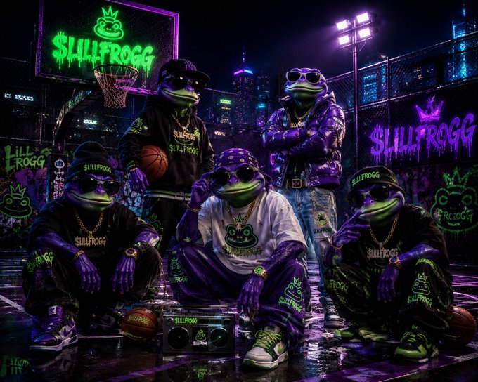 A group of five frogs dressed in streetwear with "$LILLFROGG" branding pose on a neon-lit basketball court with graffiti and cityscape backdrops, matching the post's promotion of the $LILLFROGG meme coin and its "frog army" hype.