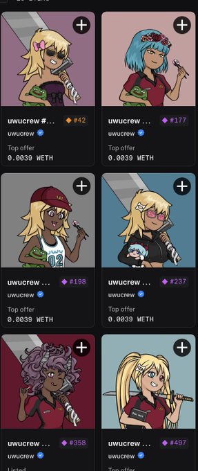 Grid of six NFT listings from 'uwucrew' collection featuring anime-style female characters, each priced at a top offer of 0.0039 WETH.