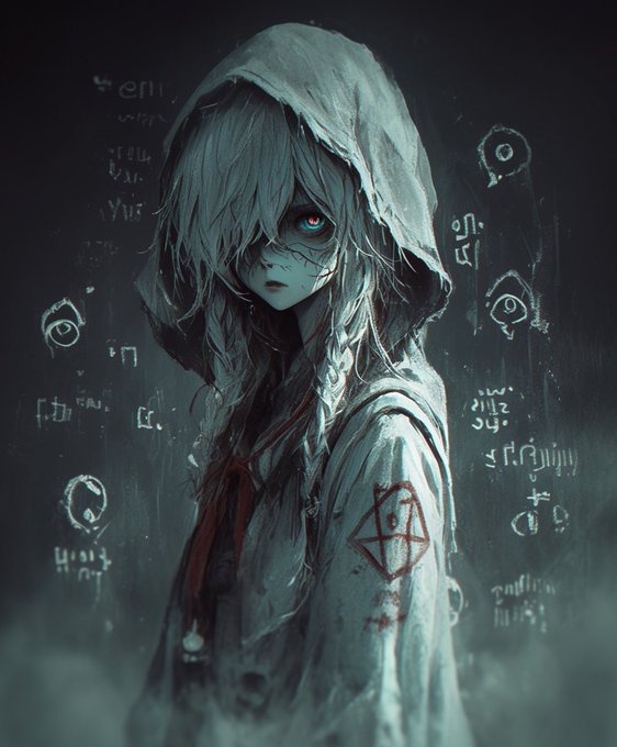 An anime-style character with glowing red eyes and white hair is depicted wearing a hooded robe adorned with occult symbols and indecipherable text. This spooky image is accompanied by "GM," potentially signifying the game "Genshin Impact" given the character's aesthetic.
