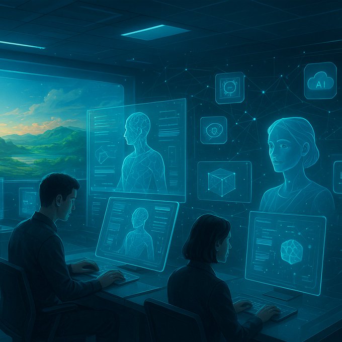 A digital illustration of two people working at futuristic computers with holographic screens displaying 3D models and AI icons in a dark, teal-lit room.