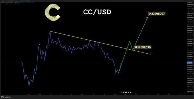 A TradingView chart of CC/USD shows a recent price breakout above a descending trendline, with the current price at 0.14552039 and a target projected upward to 0.22298097, supporting the post's claim of calling the bottom.