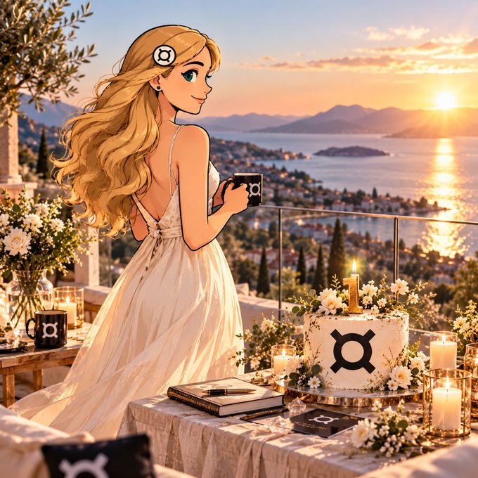 An anime-style illustration of a blonde woman in a white dress at a sunset party setup with a cake and candles.