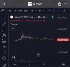A mobile TradingView chart shows the $urmom token paired with $SPCX (SpaceX), displaying a 4-hour candle graph with a -6.10% change and price of 0.00003864, supporting the post's claim about the project's bottom buy opportunity.