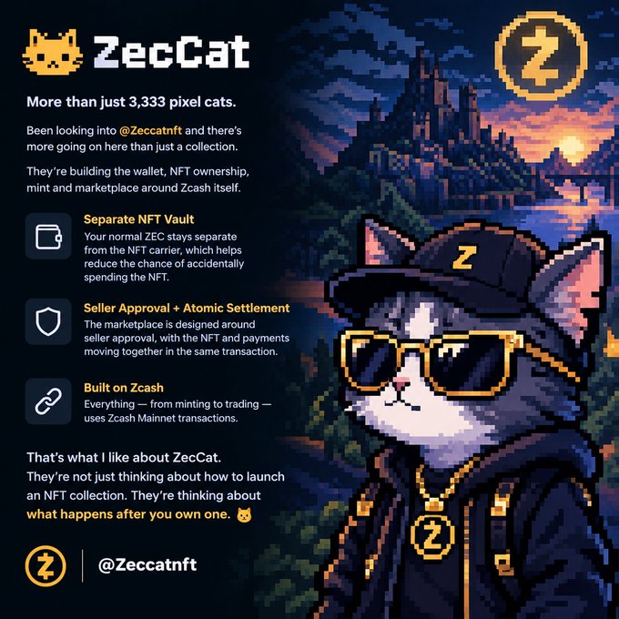 A promotional graphic for ZecCat NFT collection featuring a pixel art cat character wearing a hat and sunglasses, with text explaining features like Separate NFT Vault and Seller Approval + Atomic Settlement.