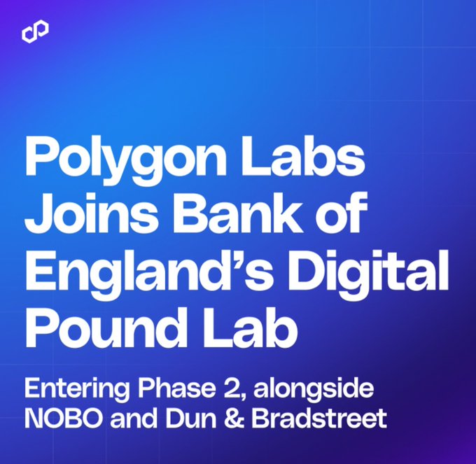 A blue gradient promotional graphic from Polygon Labs features the headline "Polygon Labs Joins Bank of England's Digital Pound Lab," with a subheading announcing "Entering Phase 2, alongside NOBO and Dun & Bradstreet." The image visually reinforces the accompanying post about Polygon ($POL) being tested as infrastructure to help stablecoins and digital pounds settle together in the Bank of England's CBDC initiative.