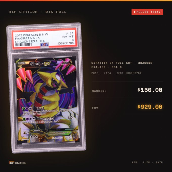 A graded 2012 Pokémon Giratina EX Full Art (PSA 8) card from the Dragons Exalted set (#124) is displayed alongside pricing details showing a $150.00 machine pull and $929.00 fair market value, illustrating the post's claim of a successful $150-to-$929 pull that yielded $771.07 after an instant buyback.