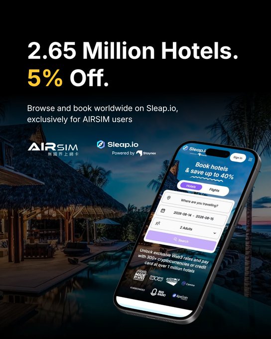 A promotional advertisement for AIRSIM and Sleap.io featuring a luxury resort pool scene and a smartphone displaying the booking app, with text reading '2.65 Million Hotels. 5% Off. Browse and book worldwide on Sleap.io, exclusively for AIRSIM users'.