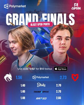 A promotional graphic for the BLAST Open Porto Grand Finals on Polymarket highlights the CS2 matchup between Team Spirit and MOUZ, featuring betting odds (Spirit 1.56 vs MOUZ 2.73) and Polymarket's prediction odds (1.56 vs 2.73), with a $50 bonus offer using code "CS2."