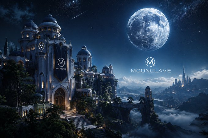 A fantasy digital artwork shows a moonlit castle complex with banners bearing a circular 'M' logo and the word 'MOONCLAVE' displayed against a large full moon and starry night sky.