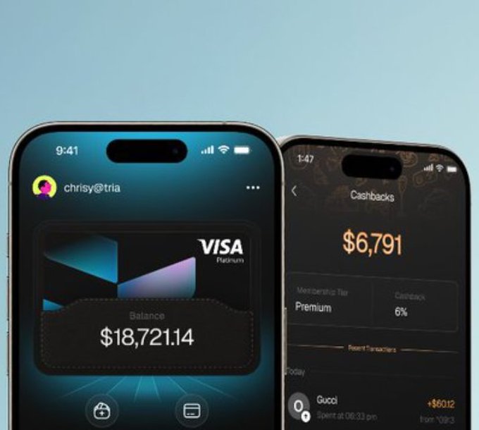 The image features a mobile phone displaying an advertisement for a balance between two different Visa credit cards. The credit card company's name and logo are displayed prominently at the top of the cell phone screen. Additionally, the text below the advertisement provides information about two specific credit cards from the Visa company. One of these credit cards is for GM $QUIP & @TRIA Legends (Woke up this morning), while the other is for @quipnetwork (Q&A: $0.32M). The smartphone screen also contains a user interface, possibly for checking balances or making transactions related to the credit card offers displayed on it.