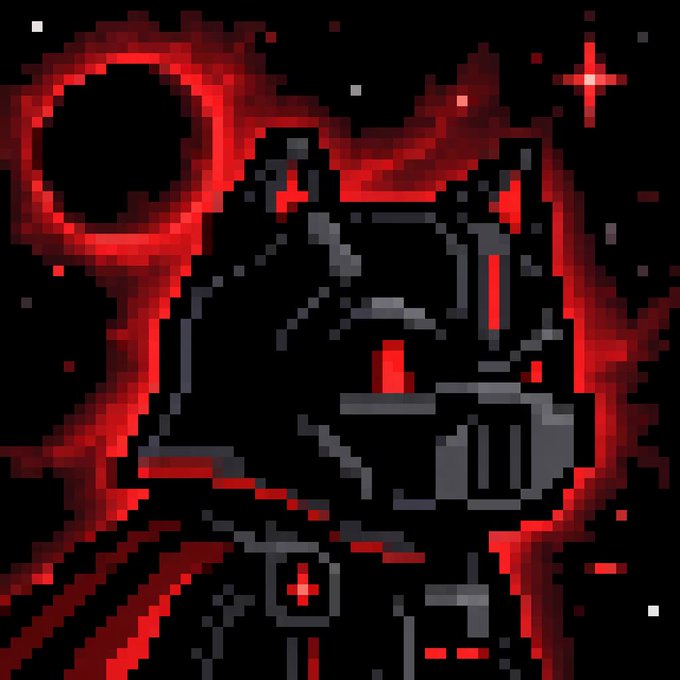 Pixel art of Darth Vader from Star Wars with a glowing red lightsaber against a space background featuring an eclipsed sun and stars.