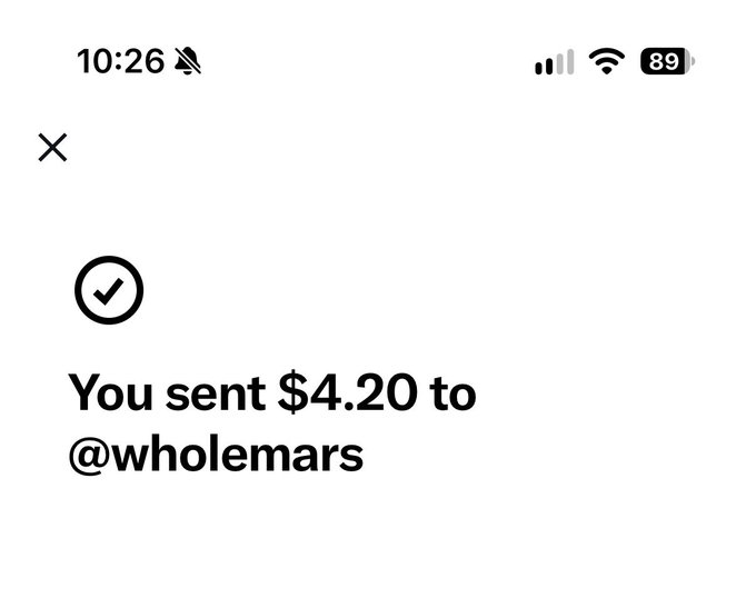 A mobile payment confirmation screen displays a successful transaction with the text "You sent $4.20 to @wholemars."